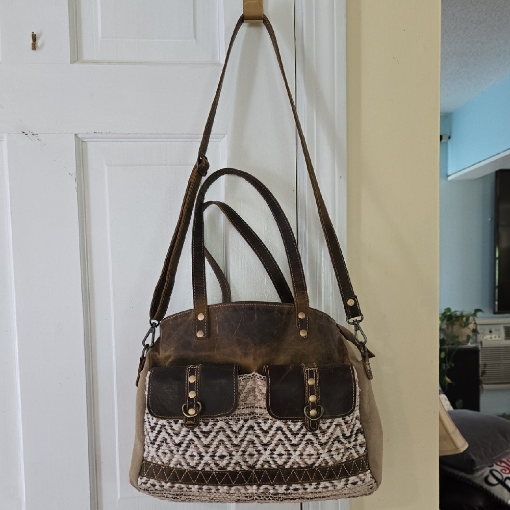 Myra Bag 15" x 4.5" x 10" Tote Crossbody Wonderful Leather & Canvas Double Strap